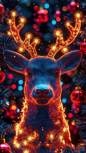 A glowing blue reindeer adorned with bright lights and surrounded by Christmas ornaments. — Holiday Wallpaper