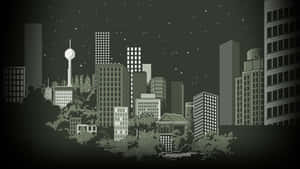 Paisagem urbana pixelizada à noite com prédios altos e estrelas no céu. — Edifícios Papéis de Parede
