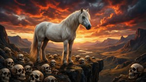 White horse on cliff edge surrounded by skulls at sunset — Deftones Wallpaper
