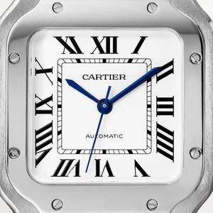 Nærbillede af et sølv Cartier automatisk ur med romertal og blå visere. — Ur Wallpapers