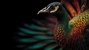 Close-up of a colorful peacock with iridescent feathers against a black background. — Beauty Wallpaper