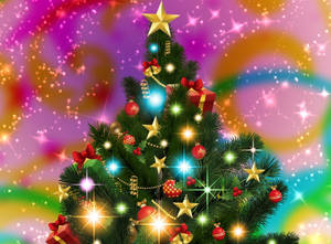 Un árbol de Navidad decorado con luces y adornos sobre un fondo colorido brillante. — Escritorio Fondos de pantalla