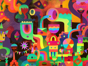 En farverig abstrakt digital illustration med legende geometriske former og surrealistiske figurer. — Design Wallpapers