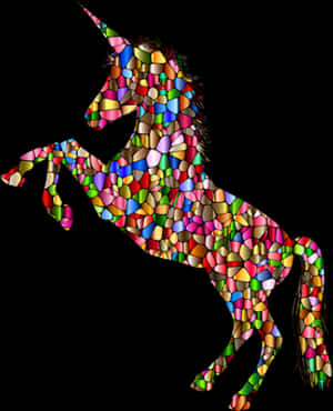 A rainbow-colored mosaic unicorn rearing up on its hind legs. — Unicorn Wallpaper