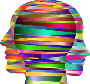 Abstract colorful striped head silhouette on black background — Identity Wallpaper
