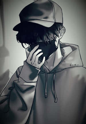 Junger Anime-Charakter mit Kapuzenpullover und Mütze, der das Gesicht mit der Hand bedeckt. — Cool Wallpaper