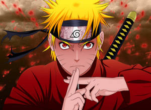 Naruto Uzumaki dalam jubah merah membuat gerakan segel dengan mata merah menyala. — Naruto Wallpaper