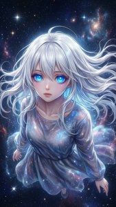 Fille anime aux cheveux argentés et aux yeux bleus flottant dans une galaxie étoilée portant une robe cosmique. fonds d'écran