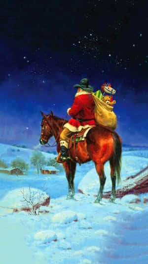 Kerstman te paard bezorgt speelgoed door besneeuwd platteland onder sterrenhemel. — 9:16 Achtergronden