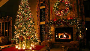 Cozy holiday living room with fireplace and decorated Christmas tree. — Holiday Wallpaper