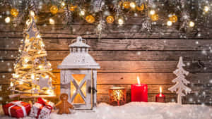 Cozy winter holiday scene with snow candles and decorations on wooden background — Holiday Wallpaper