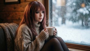 Femme en pull tricoté tenant une boisson chaude près d'une fenêtre enneigée dans un chalet douillet. — Pokimane Fonds d'écran
