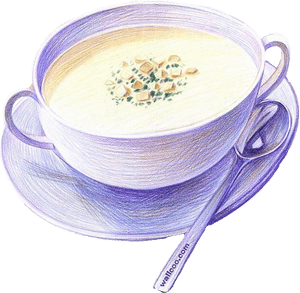 A cup of creamy soup with croutons and herbs on a saucer with a spoon. — Food PNG