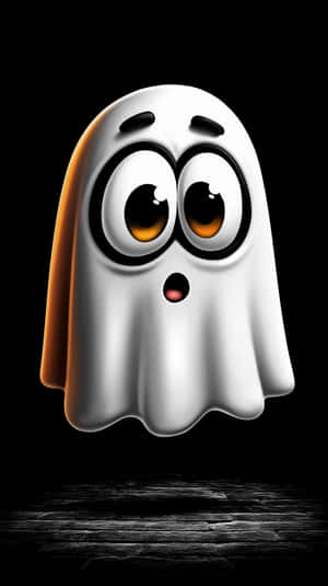Un fantasma de dibujos animados con grandes ojos ámbar y mirada sorprendida flotando sobre un suelo de madera oscura. fondos de pantalla