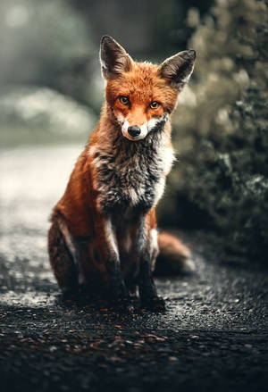 Ein Rotfuchs sitzt aufmerksam auf einem nassen Waldweg. — Wild Wallpaper