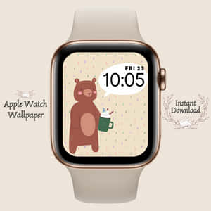 En tecknad björn som håller en mugg på en Apple Watch-skärm med tid och datum. — Apple Watch Bakgrundsbilder