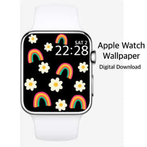 Apple Watch med regnbågs- och prästkragebakgrund som visar tiden 22:28. — Apple Watch Bakgrundsbilder