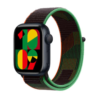 Svart smartklocka med färgglad geometrisk display och vävt band. — Apple Watch Bakgrundsbilder