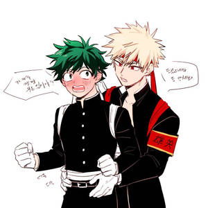 Deux garçons d'anime en uniformes scolaires avec des bulles de texte coréennes. — Deku Fonds d'écran