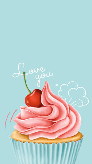 Cupcake con ciliegia e messaggio 'Love you' su sfondo blu. — Cupcake Sfondi