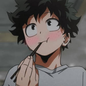 Personnage anime aux cheveux noirs et aux joues roses tenant des baguettes contre les lèvres. — Deku Fonds d'écran