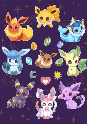 Ni Eeveelutioner svevende i en stjerneklar lilla himmel med edelstener og sol-måne symboler. — Pokemon Bakgrunner