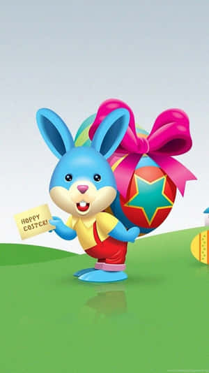 Blue cartoon bunny holding happy easter sign and carrying giant decorated egg. — iPhone 5 Wallpaper