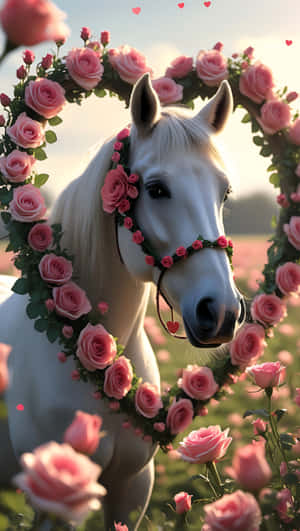 White horse framed by a heart-shaped wreath of pink roses in a sunlit field. — Beauty Wallpaper