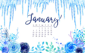 January calendar with blue watercolor flowers and icicles — Best Wallpaper