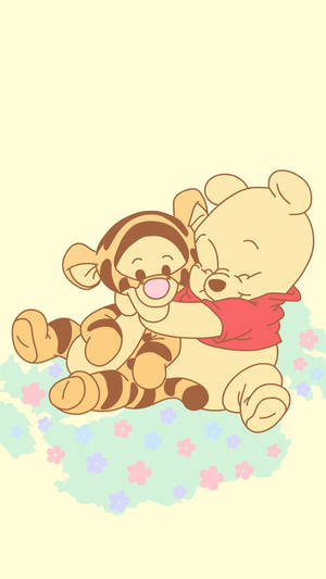 Winnie the Pooh and Tigger hugging on a floral blanket. — Yellow Wallpaper