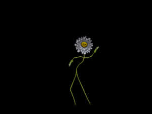 Uma figura de palito verde com cabeça de margarida sorri e acena contra um fundo preto. — Flor Papéis de Parede