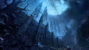 Gothic castle under full moon with bats flying through dark forest at night. — Castle Wallpaper