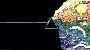 Black triangle divides fiery sunset and crashing ocean waves. — Rainbow Wallpaper