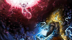 Anime-held met geel haar vecht tegen een witte demon in een kosmische arena met bliksem. — Dbz Achtergronden