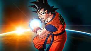 Anime-personage Goku laadt energie op in de ruimte boven een gloeiende planeet. — Dbz Achtergronden