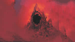 A mountain shaped like a giant mouth with sharp teeth against a red sky. — Death Wallpaper