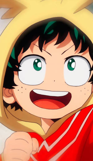 Personnage anime aux yeux verts et capuche jaune souriant radieusement. — Deku Fonds d'écran