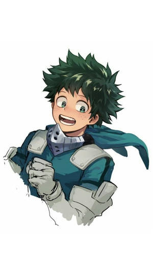 Héros d'anime aux cheveux verts et à la cape bleue traversant un mur avec une expression joyeuse. — Deku Fonds d'écran