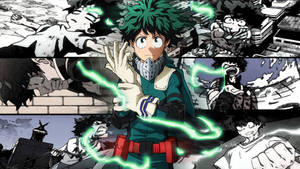Anime hero with green hair and glowing electricity in a comic-style battle collage. — Deku Wallpaper