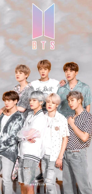 Seven young men in casual outfits posing for a BTS promotional photo. — Bts Wallpaper