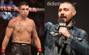 MMA fighter in octagon beside man in denim jacket holding UFC mic — Fight Wallpaper