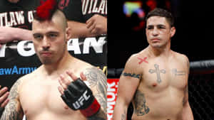 Two male MMA fighters with tattoos posing in an octagon cage. — Fight Wallpaper