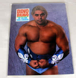 Wrestler Dino Bravo in blue trunks with fleur-de-lis, posing intensely in a studio photo. — Legend Wallpaper