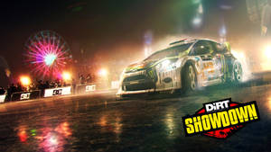 Rally car drifting at night with crowd and Ferris wheel lights. — Showdown Wallpaper