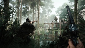 Player aims revolver at zombie on wooden dock in misty swamp. — Showdown Wallpaper