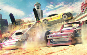 Race cars crash and flip in a dusty urban arena during sunset. — Showdown Wallpaper