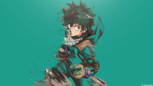 Anime hero with green hair dissolving into paint splatters on teal background. — Deku Wallpaper