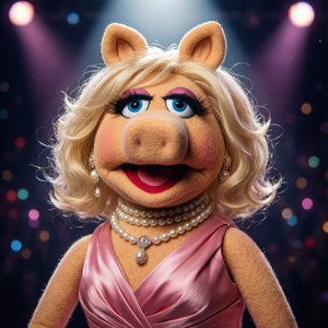 Cerdita con vestido rosa y perlas bajo las luces del escenario