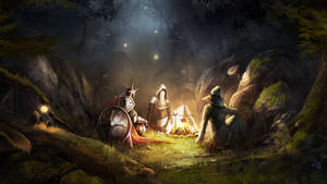 Trois aventuriers fantastiques se reposant près d'un feu de camp dans une forêt sombre la nuit. — Dnd Fonds d'écran