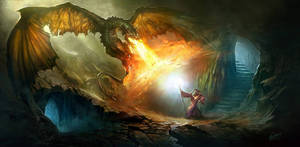 Un sorcier fait face à un dragon de feu dans une grotte sombre. — Dnd Fonds d'écran